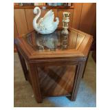 Hexagonal Wood End Table with Glass Top and Lower Shelf