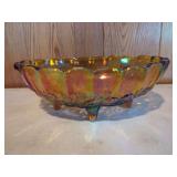 Marigold Carnival Glass Footed Bowl with Fruit Motif