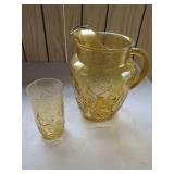 Floral Pattern Amber Glass Pitcher with Tumbler