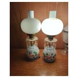 Pair of Painted Glass Hurricane Lamps with Crystal Prisms