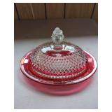 Diamond Point Cranberry Butter Dish with Lid