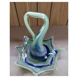 Art Glass Basket with Blue and Green Swirls