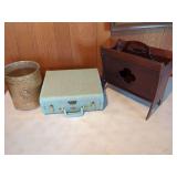 Samsonite Luggage Case, Decorative Wastebasket, and Wooden Magazine Rack