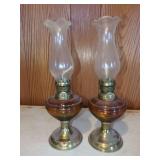 Pair of Amber Glass and Brass Oil Lamps