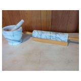 Marble Mortar and Pestle with Marble Rolling Pin and Wooden Stand