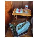 Folding Tray Table and Assorted Clothing Hangers