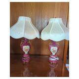 Pair of Ceramic Table Lamps with Floral Motif and Fabric Shades