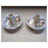 Pair of Ceramic Candle Holders with Blue Spatter Decoration