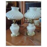 Pair of Milk Glass Table Lamps with Hobnail Pattern