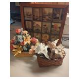 Decorative Wall Art and Woven Baskets with Floral and Shell Arrangements