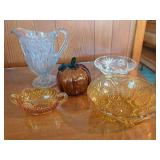 Assorted Glassware Collection Including Pitcher, Bowls, and Pumpkin Figurine