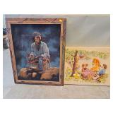 Framed Native American Portrait and Embroidered Animal Picture