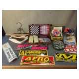 Backgammon Set, Ashtray, and Advertising Stickers