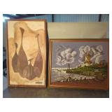 Framed Art Assortment: J. Wells Wood Inlay and Needlepoint Windmill Landscape