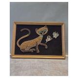 Beaded Cat and Butterfly Framed Art