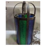 Cylindrical Metal and Stained Glass Hanging Lantern