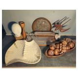 Copper Plate, Wood Bird Sculpture, and Ceramic Platter