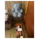 Plush Bear, Metal Stand, and Doll in Wooden Cradle