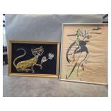Two Framed Art Pieces: "Cat and Butterflies" and Signed Abstract Figure