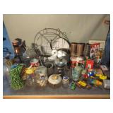 Assorted Collection: Fan, Glassware, Toys, Records, and Decorative Items