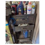 Rolling Metal Utility Cart with Assorted Automotive Fluids and Power Tool