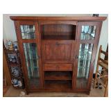 Oak Secretary Display Cabinet with Leaded Glass Doors