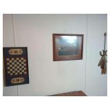 Wall Decor Assortment: Checkerboard, Framed Print, and Horseshoe Wall Hanging
