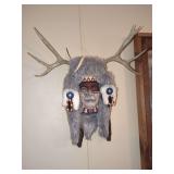 Wall-Mounted Sculpted Bust with Antler and Fur Accents