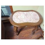 Carved Wood Side Table with Inset Marble Top