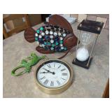 Decorative Assortment: Metal Fish, Wall Clock, Hourglass, and Gecko Figure