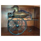 Brass Duck Figurine on Metal and Wood Cart