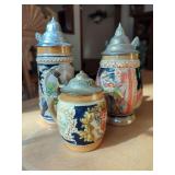 Three German Ceramic Beer Steins with Pewter Lids