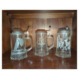 Collection of Three Glass Beer Steins with Metal Lids