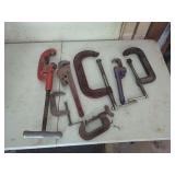 Hand Tool Collection Including Pipe Cutters, Pipe Wrenches, and C-Clamps