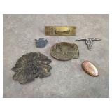 Assorted Belt Buckles and Pins Collection
