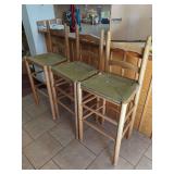 Set of Three Wooden Bar Stools with Woven Fiber Seats