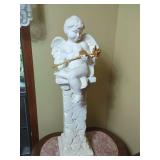Cherub Figurine with Gold-Tone Rose on Faux-Stone Pedestal