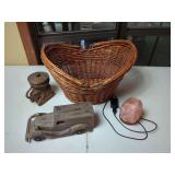Decorative Items Including Wicker Basket, Wooden Truck Bank, Elephant Trinket Box, and Salt Lamp