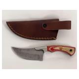Damascus Steel Fixed Blade Knife with Laminated Handle and Leather Sheath