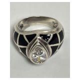 Sterling Silver Ring with Pear-Shaped Stone and Black Inlay, Size 6.5