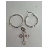 Sterling Silver Hoop Earrings and Cross Pendant
