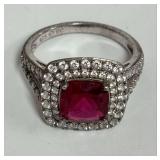 Sterling Silver Cushion Cut Red Stone Ring Size 7.5