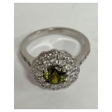 925 Sterling Silver Peridot and White Cubic Zirconia Halo Ring Size 6.5