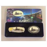 Train Themed Folding Pocket Knife and Oval Belt Buckle Set in Display Tin