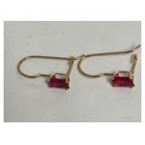 14K Gold Emerald Cut Red Stone Earrings