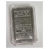Johnson Matthey 1 Ounce Troy Fine Silver 999 Bar