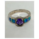 Sterling Silver Ring with Oval-Cut Purple Stone and Inlay Accents
