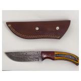Damascus Steel Fixed Blade Knife with Multi-Material Handle and Leather Sheath