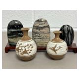 Ceramic Crane Vases and Polished Stone Display Set