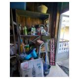 Metal Shelving Unit with Assorted Household and Garden Items